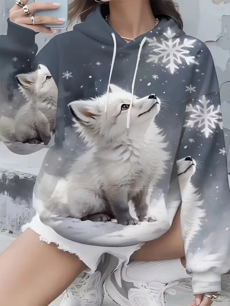 Womens Casual Christmas Snowflake 3D Pattern Hoodied Sweatshirt  Autumn Winter New Long Sleeve Christmas Snowman Print Hood Tops