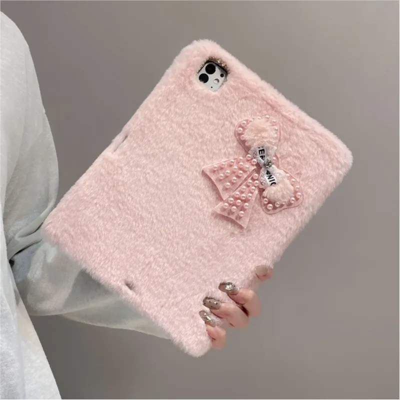 Plush Furry Bow Pearl Decor Tablet Case for Lenovo Pad Pro 12.7in Soft Fluffy Shockproof Protective Cover
