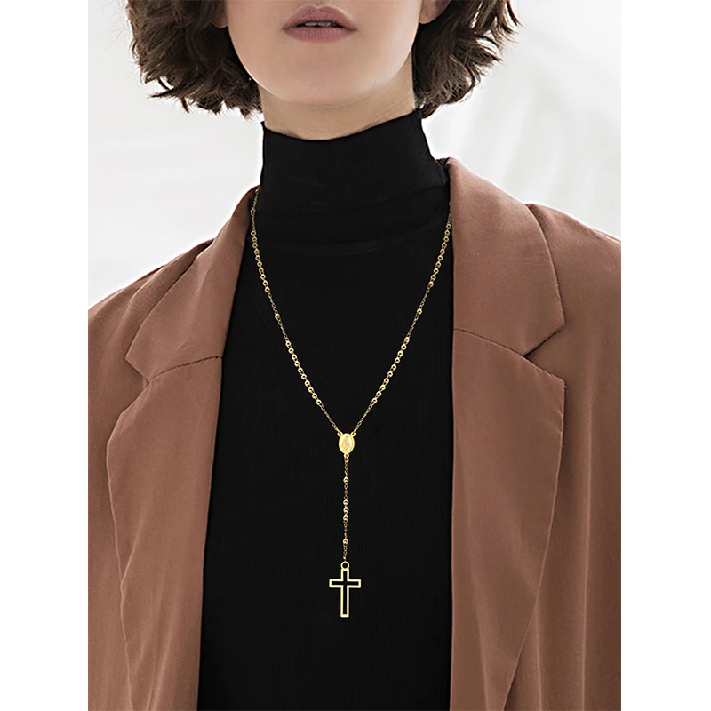 Rosary Cross Necklaces Women 2022 New Fashion Jewelry, Gold Color Beads Chain Collar with Virgin Mary Medallion Charm