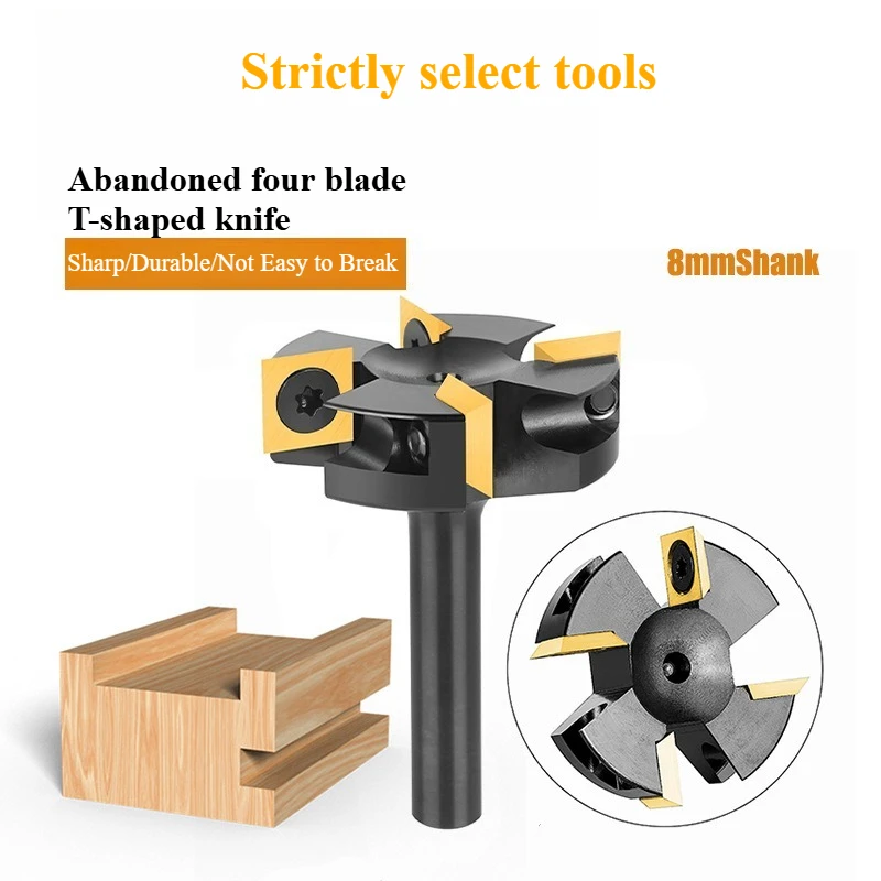 8mm Shank 4 Edges Insert Panel Cutting Bit Removable Blade Wood Grooving Router Accessories