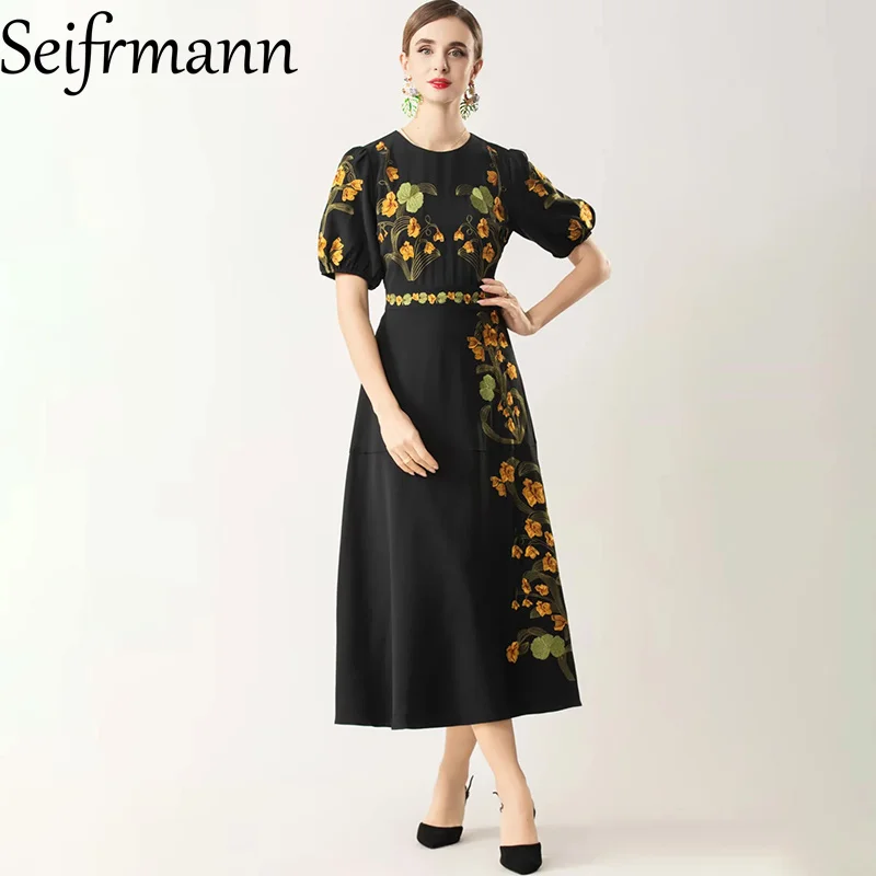 

Seifrmann 2026 Spring Women's New Fashionable Round Collar Lantern Short Sleeve Embroidered Waist cinching Dress