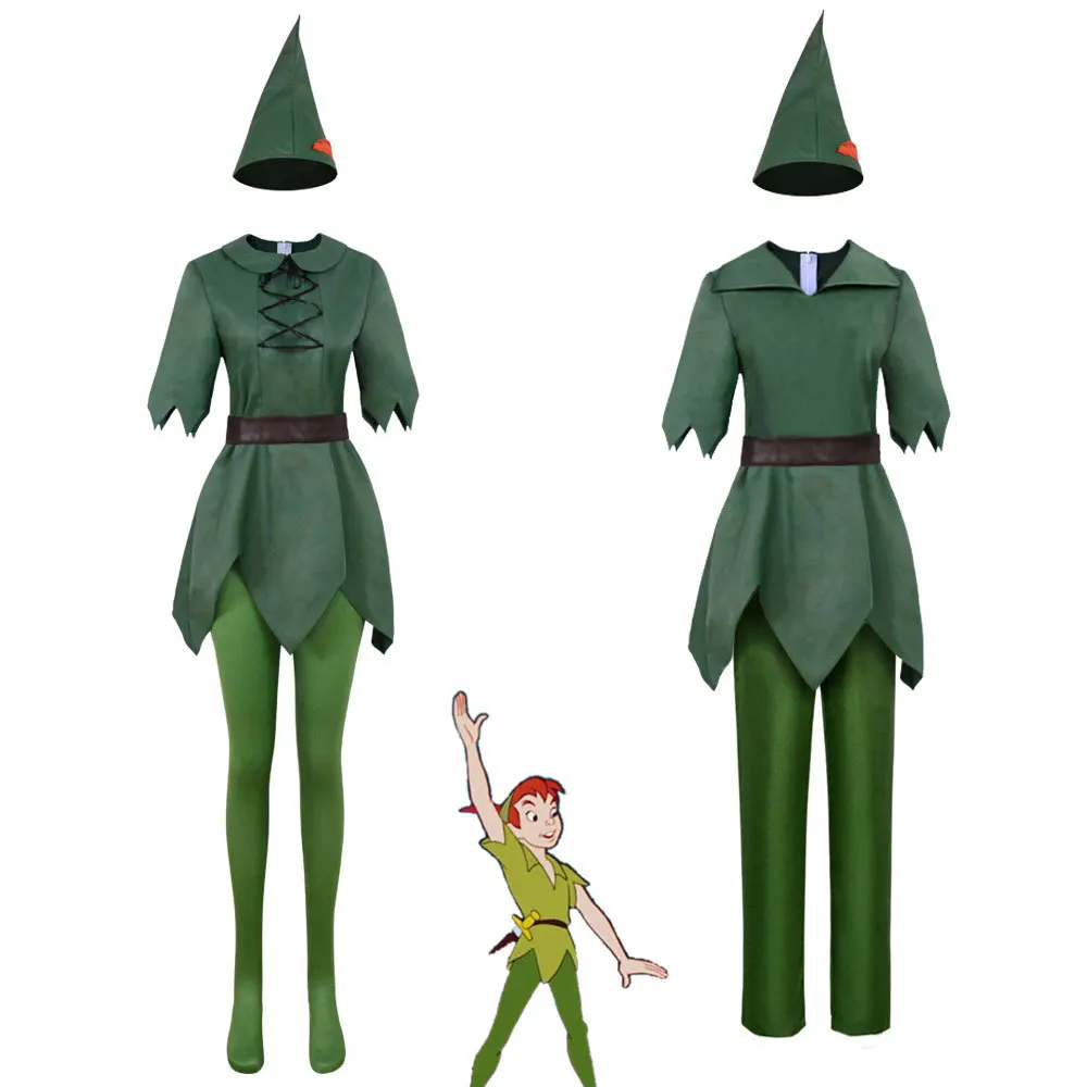 

Peter Pan Cosplay Costume for Adults Green Fairy Outfit Halloween Party Roleplay Suit for Men and Women with Hat and Belt