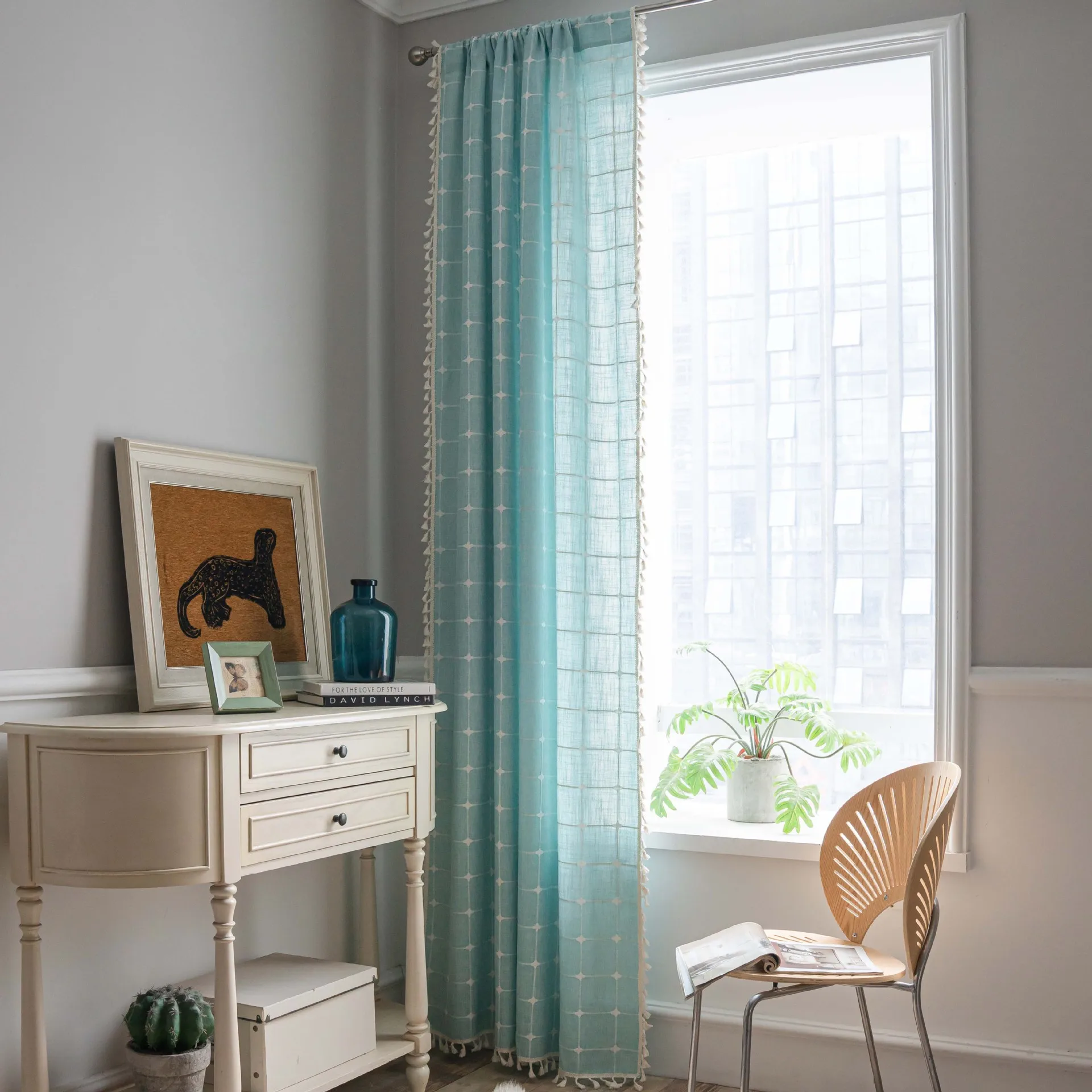 Light green Cotton Linen Square Curtains Road Pocket Shade for Kitchen Bedroom Living Room Bay Window Cabinet Curtain