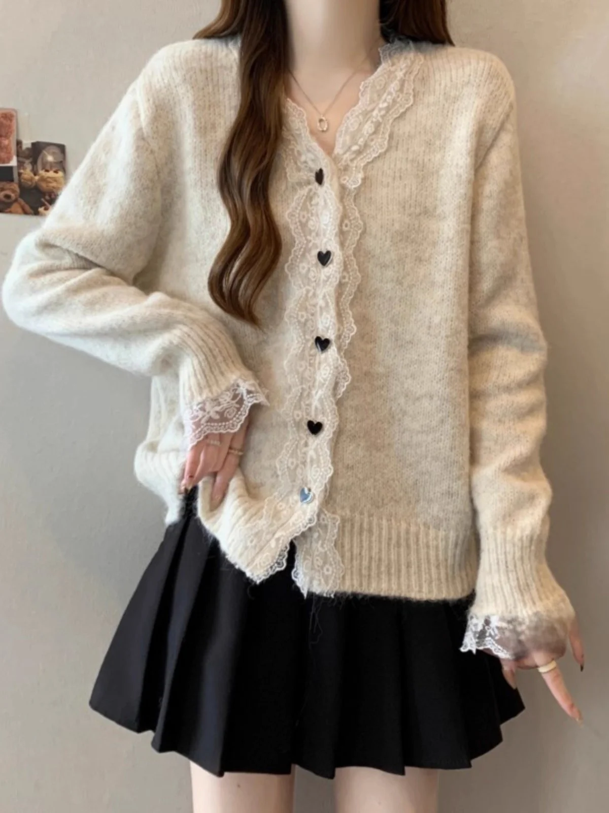 

Korean Sle Lace Splice V-Ne Sweater Jaet Women Spring Autumn High School Junior High Students Big Kids Soft Knitted Top