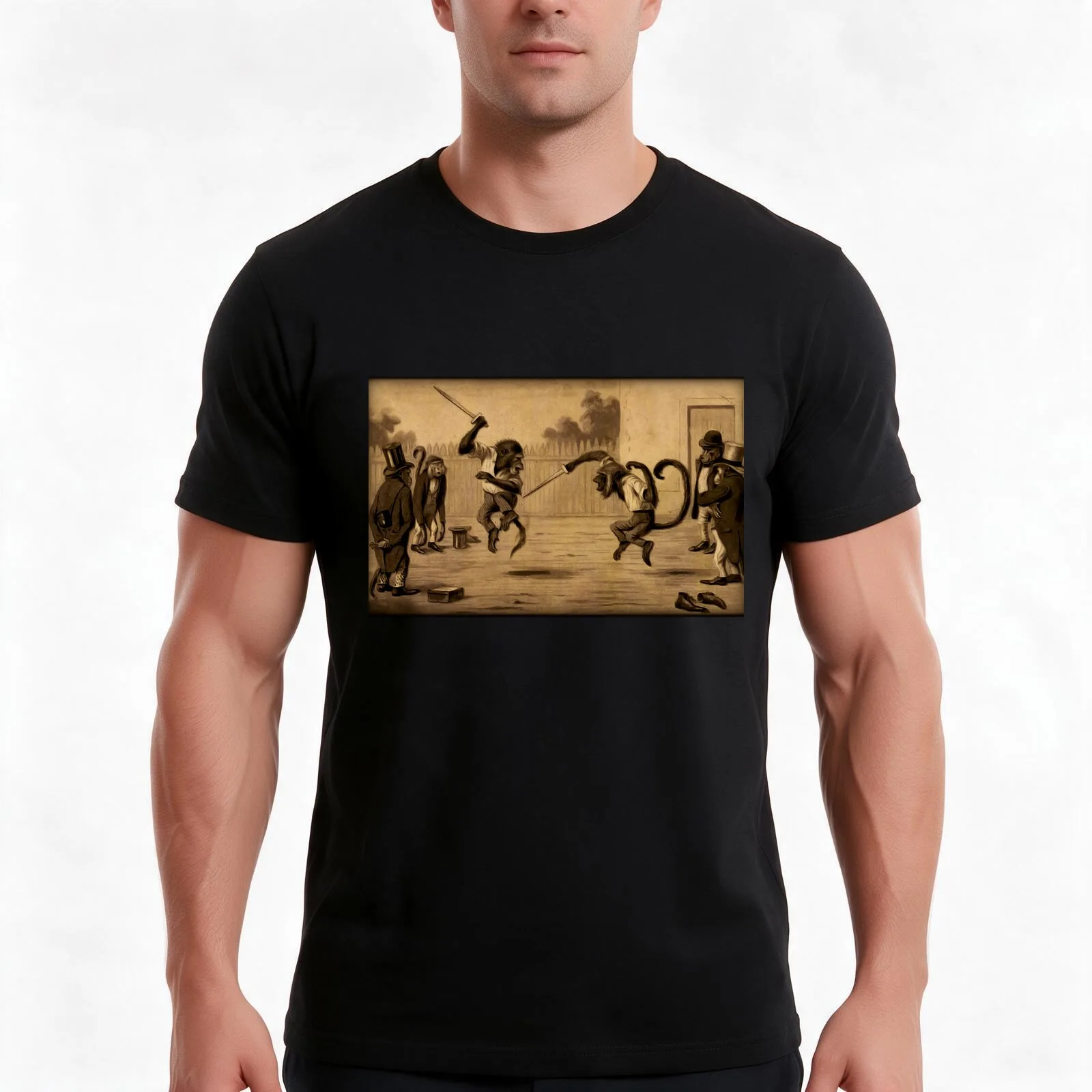Monkey Knife Fight T-Shirt, Summer Casual Cotton Tee, Oversized Streetwear Tops, Vintage Graphic Print, Loose Fit Short Sleeve