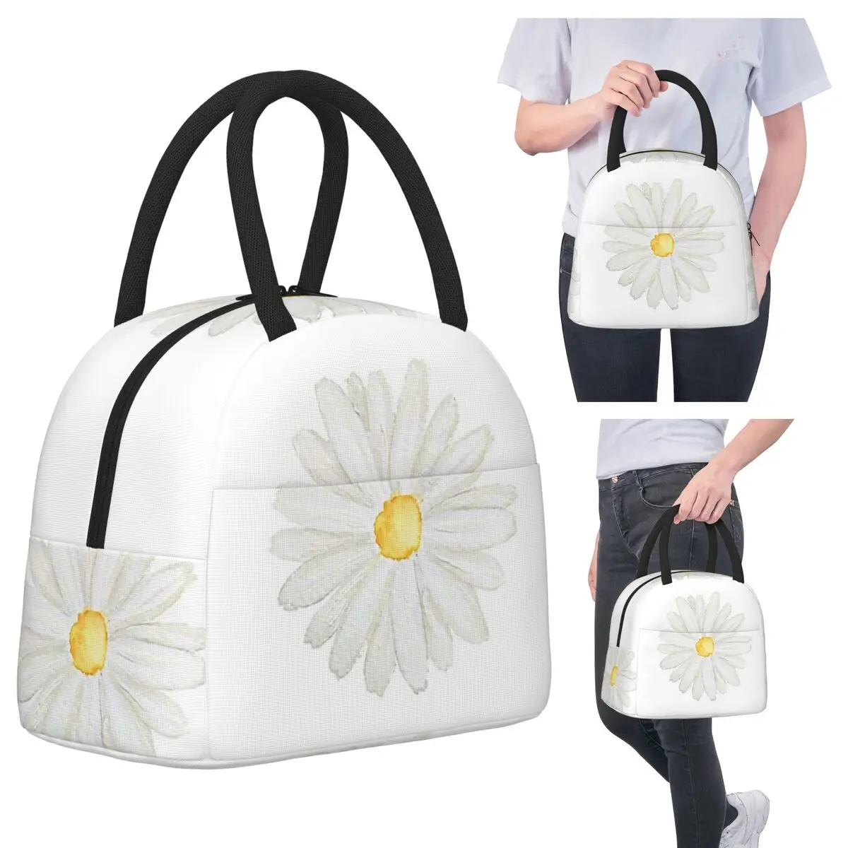 

Hand Painted One Little White Daisy Watercolor Insulated Lunch Bag for Women Office Thermal Food Box Tote Portable Lunch Boxes