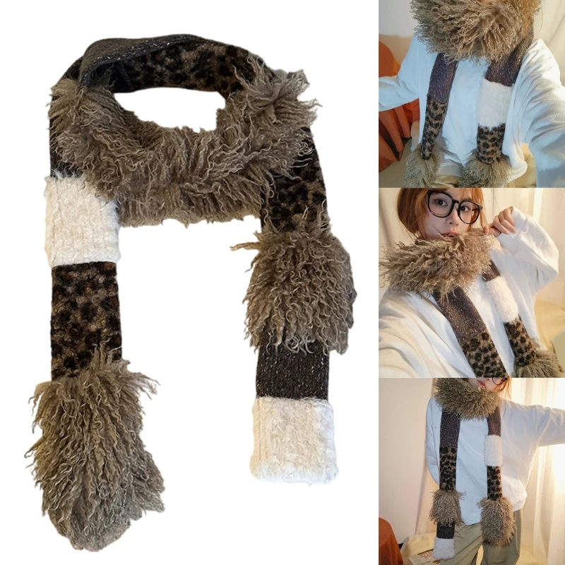 Knit Skinny Scarf For Women Neckerchief Leopard Print Neck Wrap for Women Belt Choker Furry Headdress Neckerchief DXAA