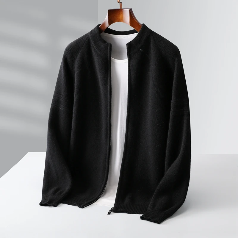 Winter 100% Wool Men's Half-High-Necked Shoulder Cardigan Coat Padded Cashmere Knit Coat