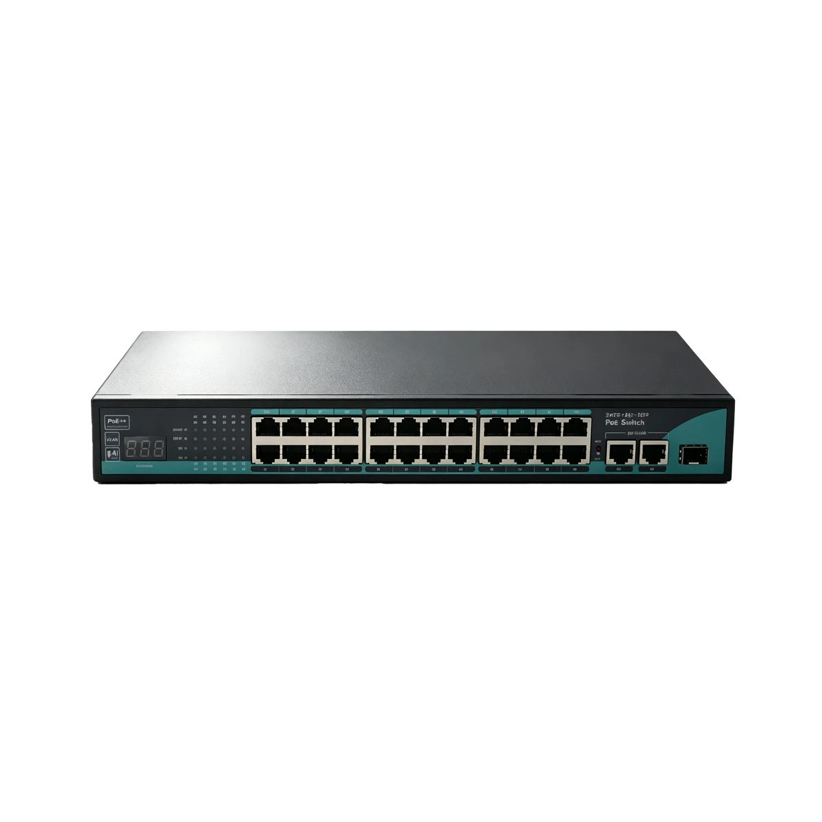 AI Ethernet PoE++ Switch Digital Display 10/100Mbps 24 Ports +2 Gigabit RJ45 Uplinks +1 SFP 320W Power 250m VLAN