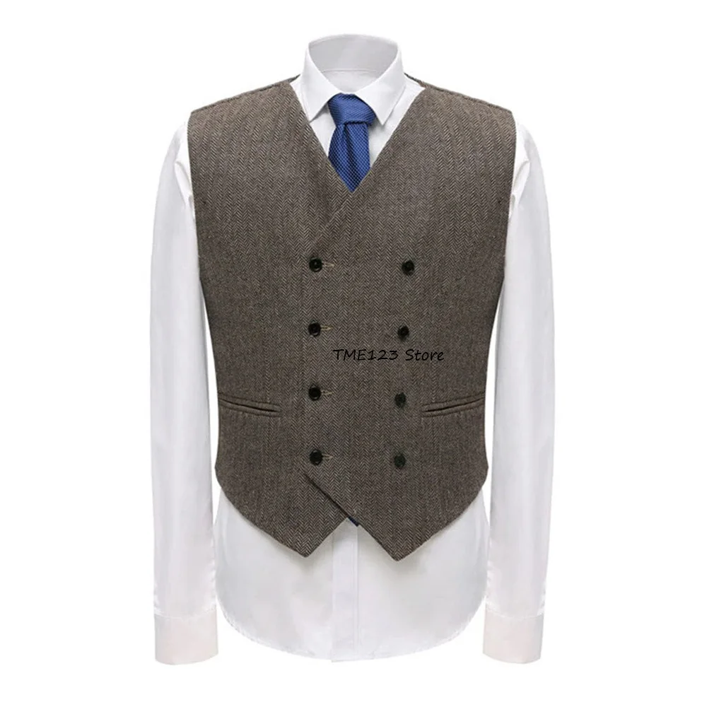

Elegant Man Vest for Men's Suit Double-breasted Business Casual Workwear Single-pocket Design Herringbone Fabric V-neck Classic