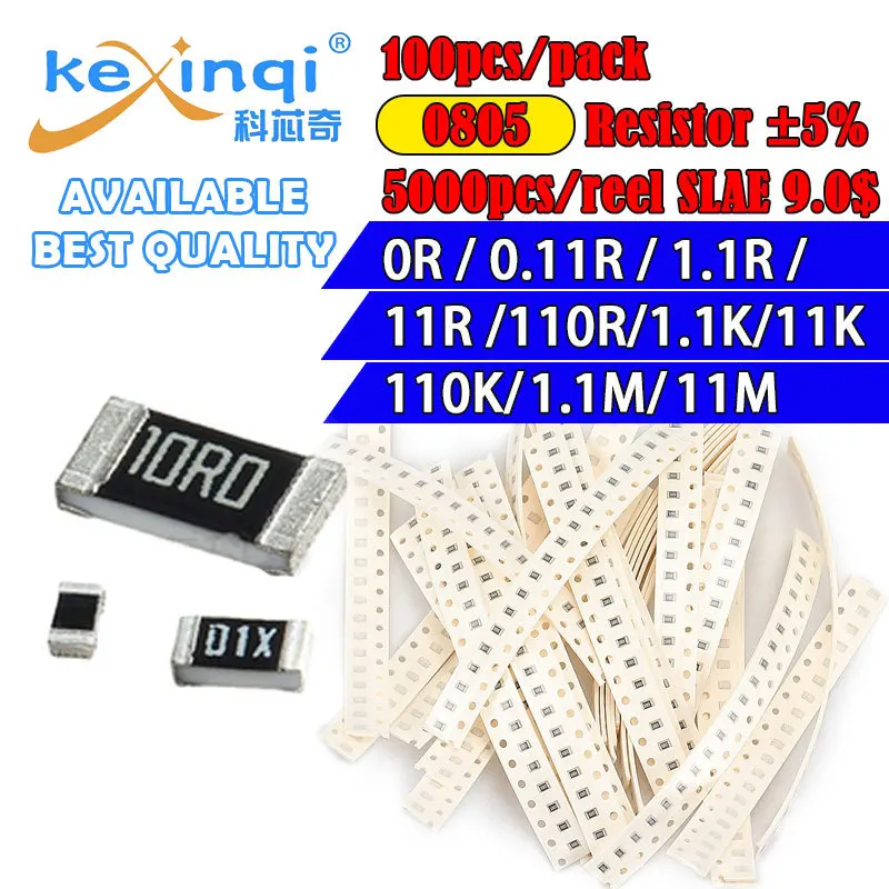 

100pcs/lot SMD 0805 Resistor 5% 1/8W resistance 0R Ohm 0.11R 1.1R 11R 110R 1.1K 11K 110K 1.1M 11M