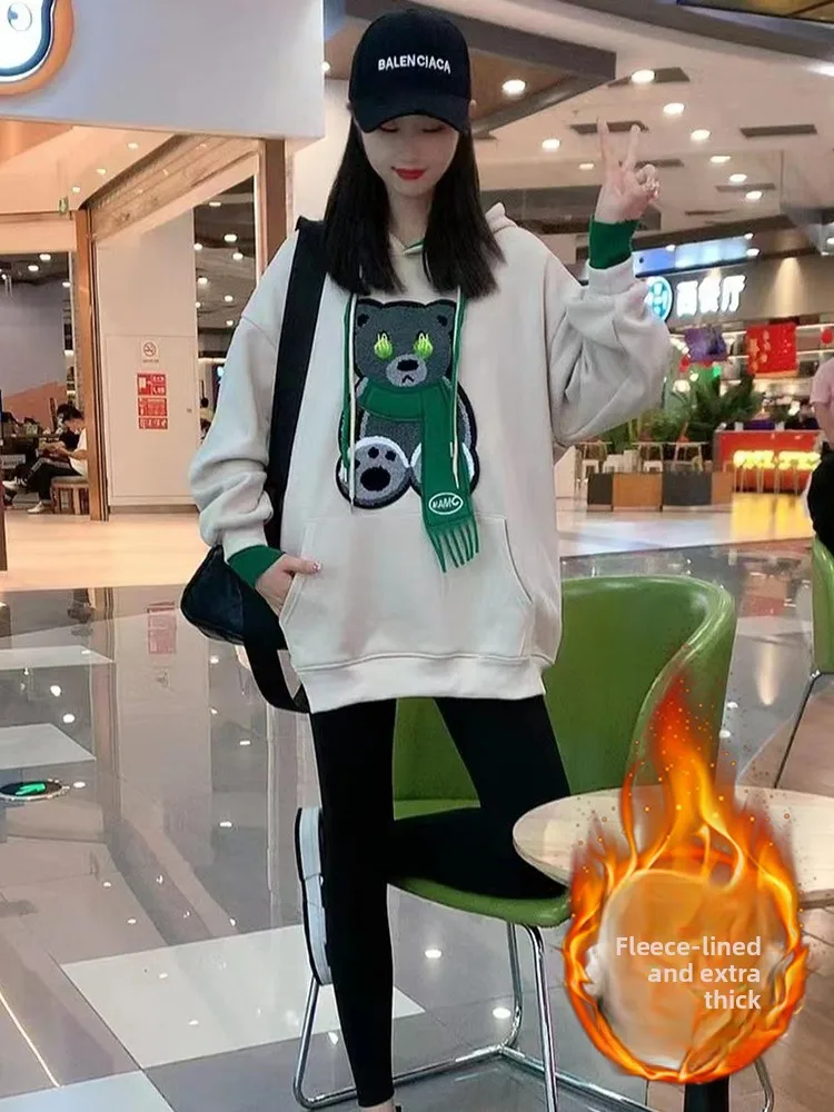 여성용 기모 안감 만화 후드티 캐주얼 다용도 아우터 봄 가을 겨울 루즈핏 롱슬리브 스웨트셔츠