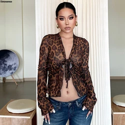 Womens Leopard Print Bell Long Sleeve Blouses Ruffle Trim V Neck Knot Tie Front Sheer Mesh See Through Night Club Party Tops