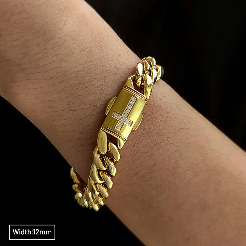 

Stainless Steel Men Cuban Link Bracelets12mm HipHop Bracelet argenteous cubic zirconia Cross Men iced out Bracelet Drop shipping