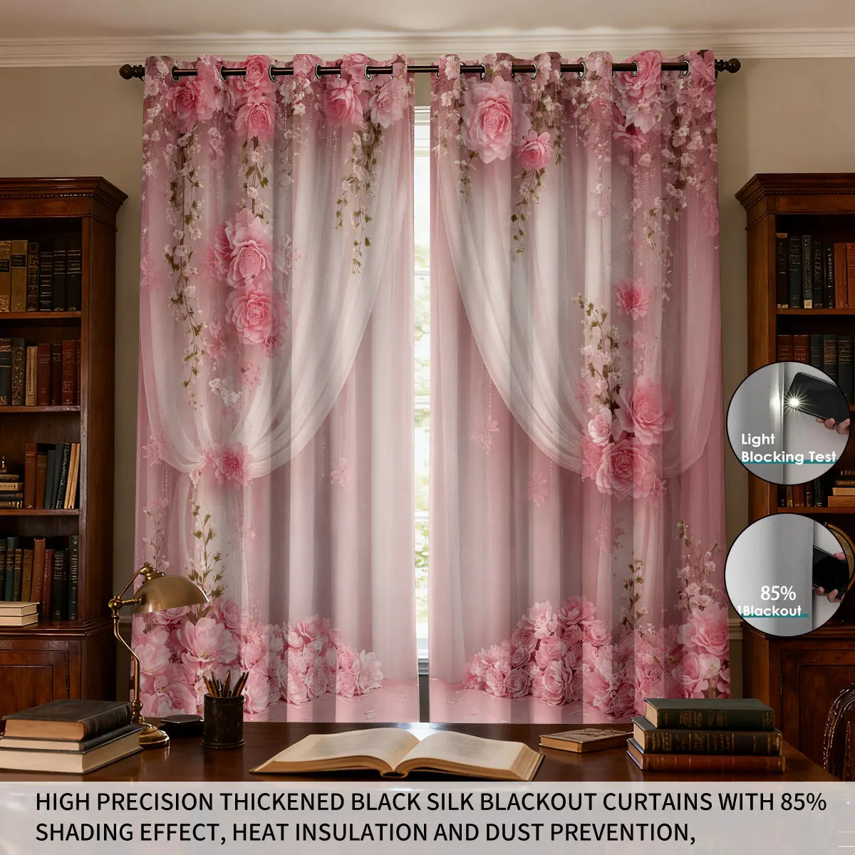 2pcs Rose Flower Imitation Screen Print Perforated Blackout Curtains Multiple Sizes Living Room Bedroom Insulation Decoration