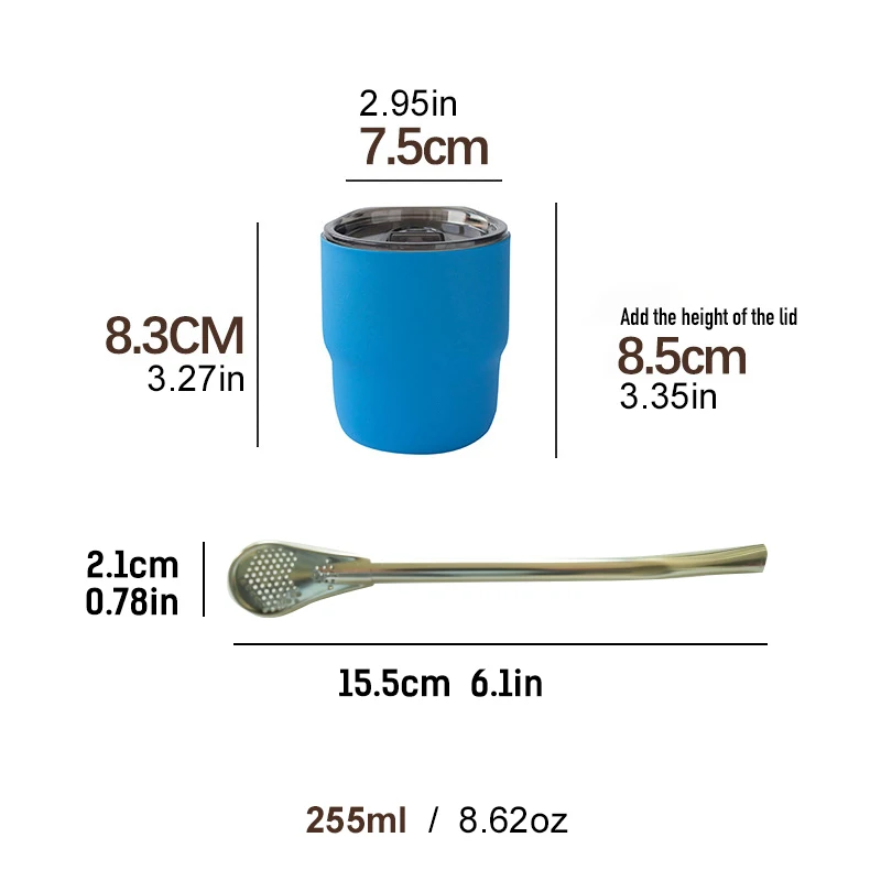 كوب معزول بمكنسة كهربائية مزدوجة الجدار من الفولاذ المقاوم للصدأ 304، كوب قهوة، كوب يربا ماتي مع القش، 255 مل ​