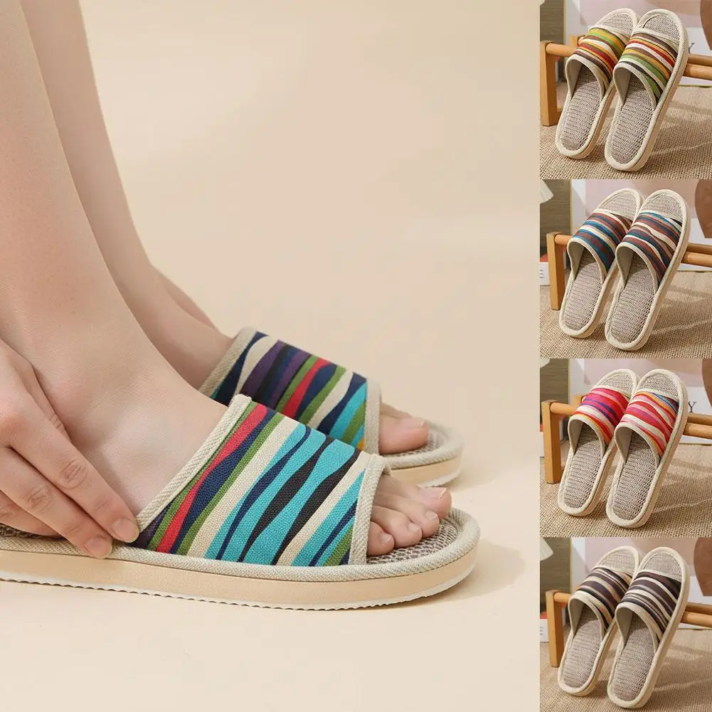 Four Season Couple's Multicolor Linen Slippers Women Indoor Striped Non-Slip Sandals Men Comfort Indoor Floor Breathable Slides image 2