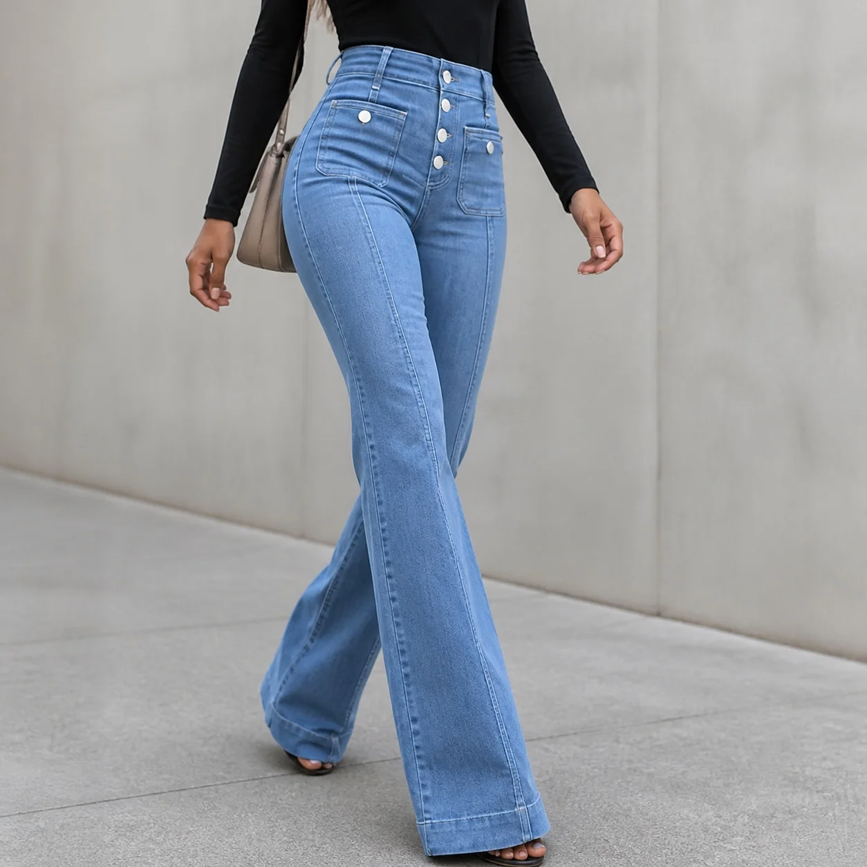 Women's High Waist Flared Long Washed Cotton Streetwear Jeans for Women Casual Stretch Denim Bottoms Button Front Wide Leg