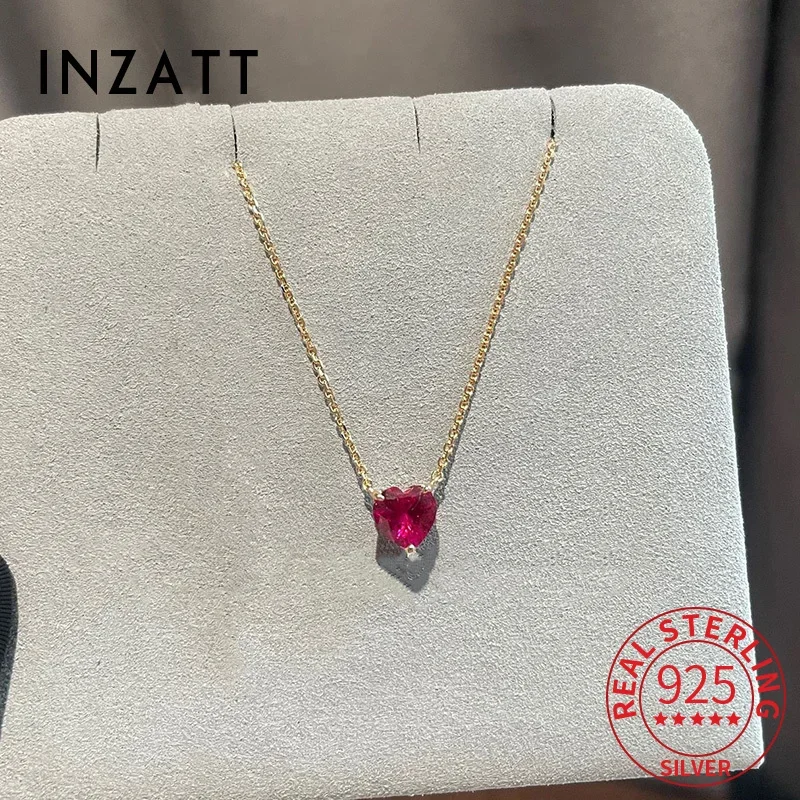 

INZATT Real 925 Sterling Silver Red Heart Zircon Pendant Choker Necklace for Women Classic Fine Jewelry Light Luxury Accessories