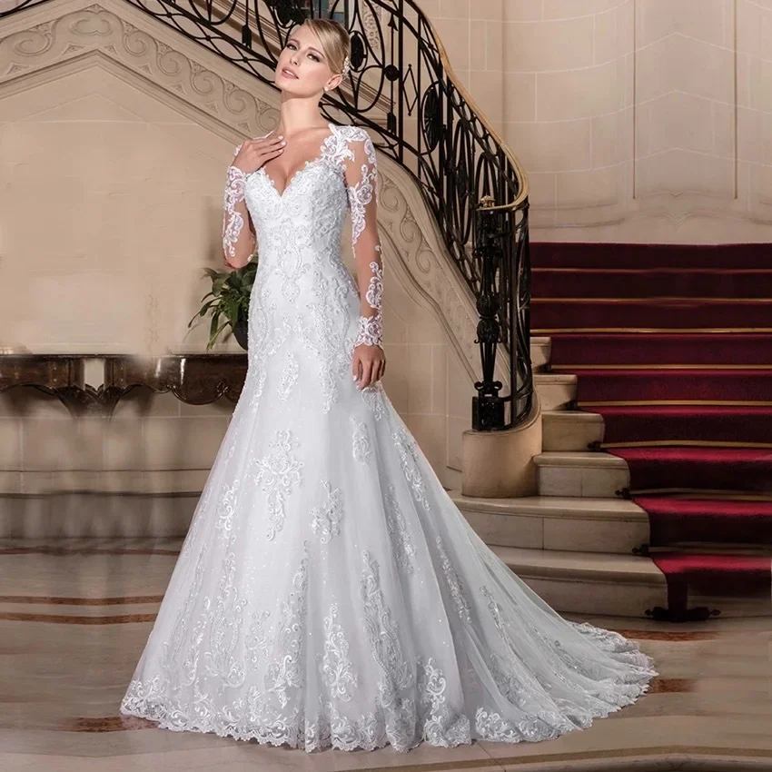 Elegante Witte Bruid Jurken Lange Mouw V-Hals Kant Zeemeermin Nieuwe Parels Kralen Appliqués Trouwjurk Vestidos De Novia Ara