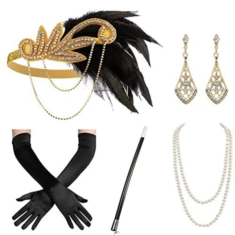 E15E Vintage Flapper Costume 1920s Women Great-Gatsby Headdress Gloves Earrings Necklace Prom Party Accessories Set