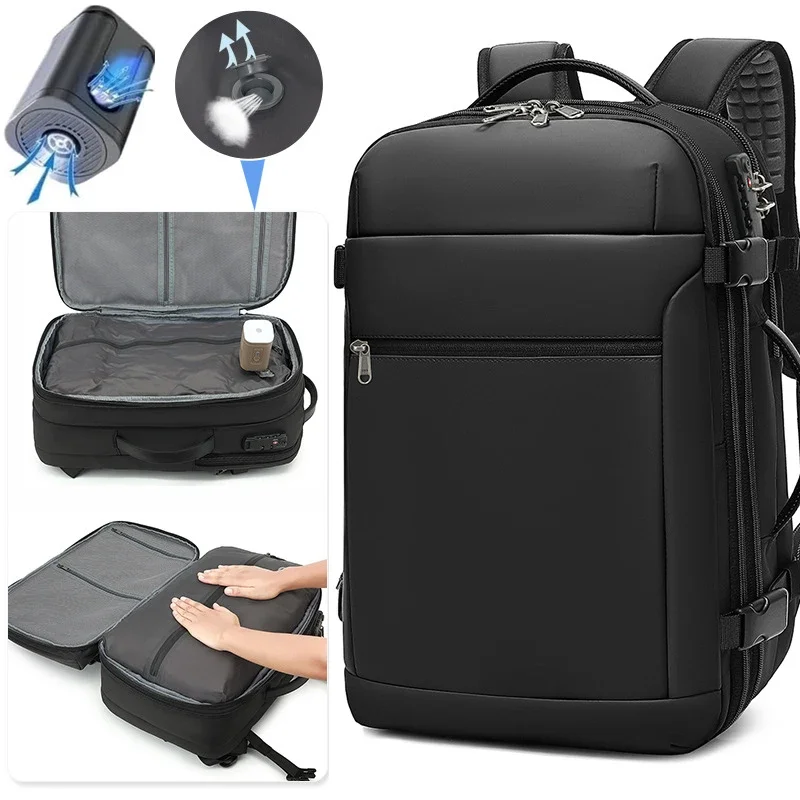 60L Airback Backpack Anti-Theft Vacuum Compression Travel Backpacks with Pump for Airplanes Expandable Waterproof Laptop Bags