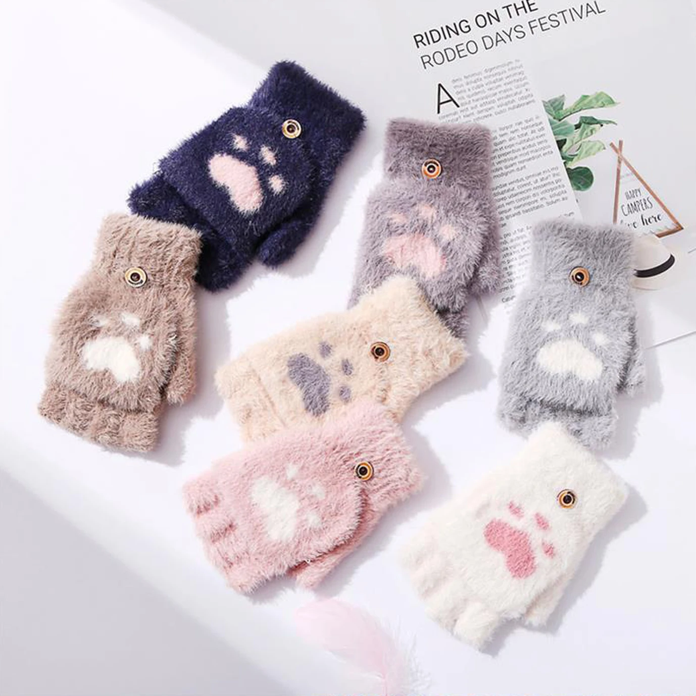 Thicken Cute Women Winter Warm Gloves Fashion Girls Cat Claw Paw Plush Mittens Soft Short Fingerless Half Finger Glove