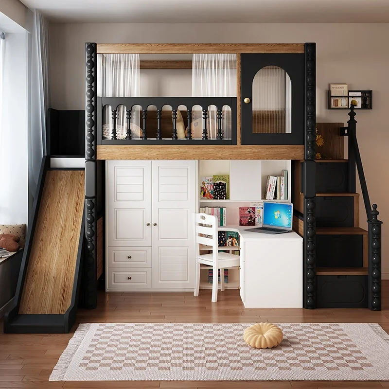 Children's bed wardrobe, the same width as the upper and lower beds, castle retro style, high and low bed double layer