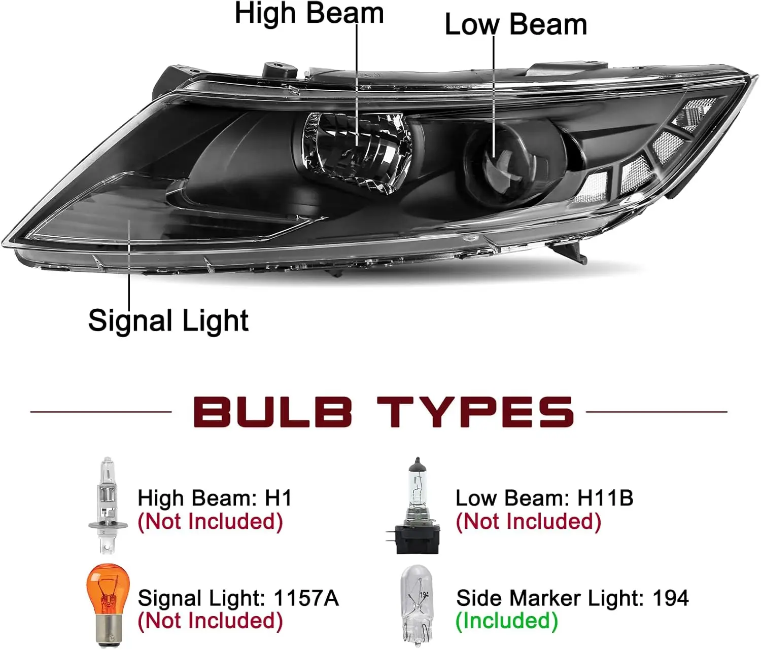 Replacement Headlamp Assembly Compatible with 2011-2013 Model Vehicles, Black Housing with Clear Reflector, Bulbs Not Included
