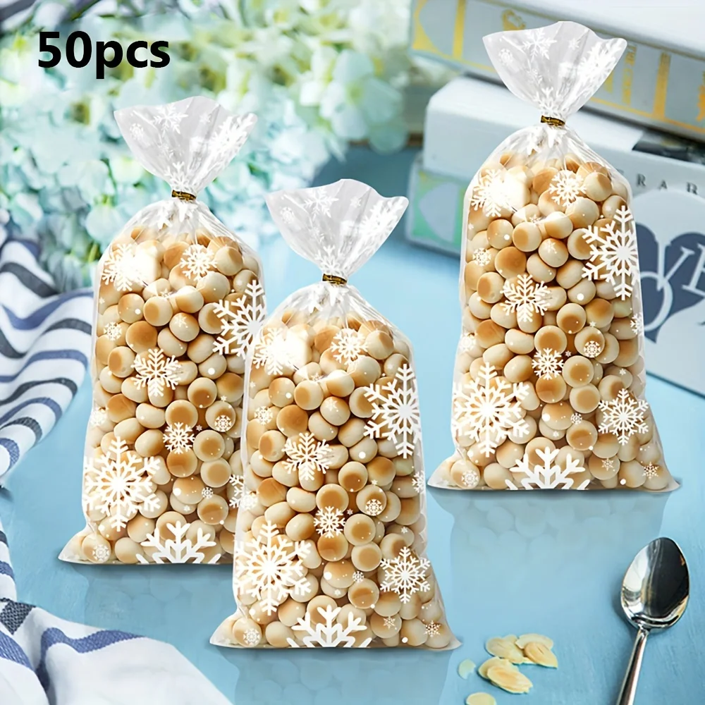 50 Stück Schneeflocken-Design, durchsichtige OPP-Kunststoff-Geschenktüten für Weihnachten, einfache, vielseitige weiße Schneeflocken-Partygeschenkverpackung