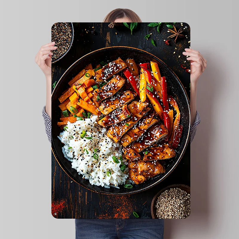 Teriyaki Chicken Bowl Poster, individuell gestaltete Vintage-Metallschilder, Wandkunst, Retro-Blechschild für Gaming-Raumdekoration, gemütliche Heimdekoration