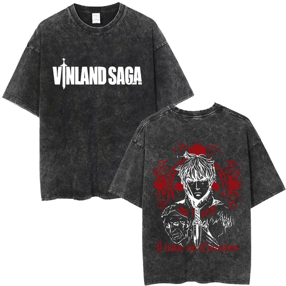 Anime Vinland Saga Thorfinn Ich habe keine Feinde Vintage Washed T-Shirt Herren Damen Manga Lässiges Oversize T-Shirt Männliche Streetwear – Detail 3