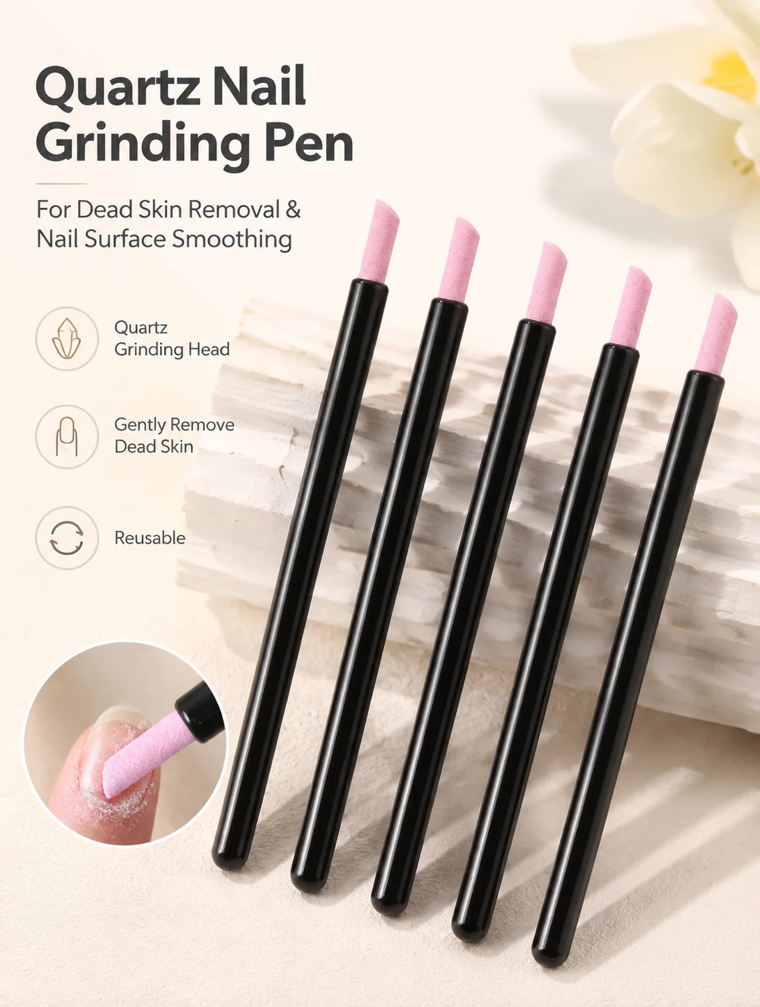 5 Pcs Quartz Nail Drill Pen Set, Cuticle Remover Buffer File Stick & Pusher, Reusable Manicure Pedicure Tools