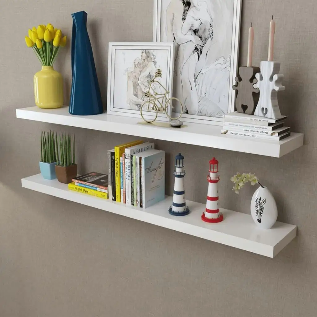 2 White MDF Floating Wall Shelves for Books & DVDs - Stylish Storage Solution