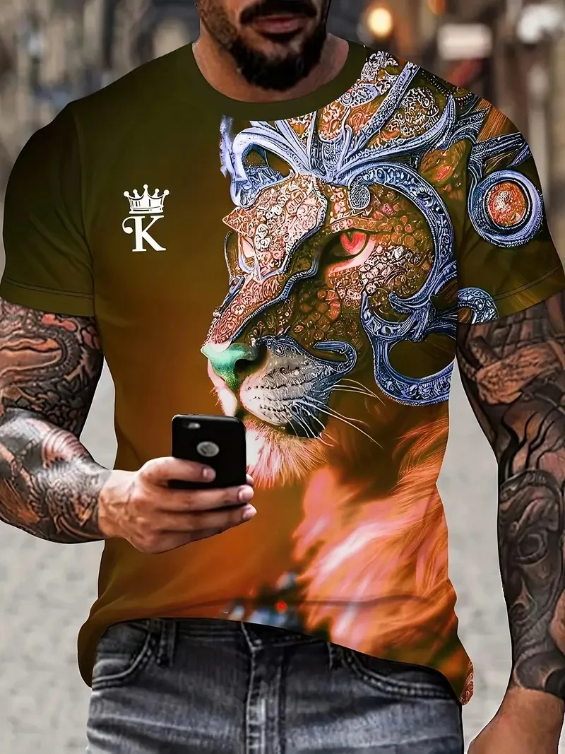 3D Plus Size Men\'s Lion Print T-shirt Summer Short Sleeve Crew Neck Tees Shirts For Men New In Animal Lion Graphic Tshirts Tops