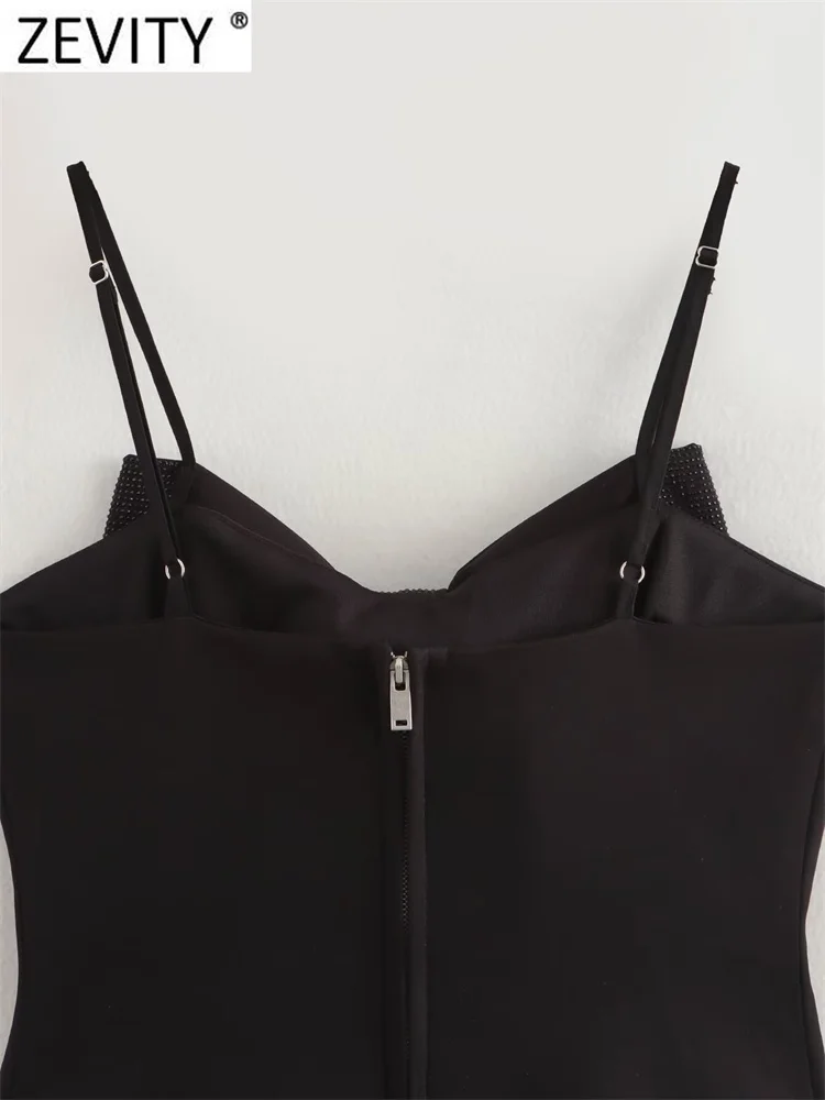 Zevity 2024 Women Sexy Sequined Big Bow Design black Sling Blouse Female Back Zipper Streetwear Shirts Blusas Chic Tops LS7224