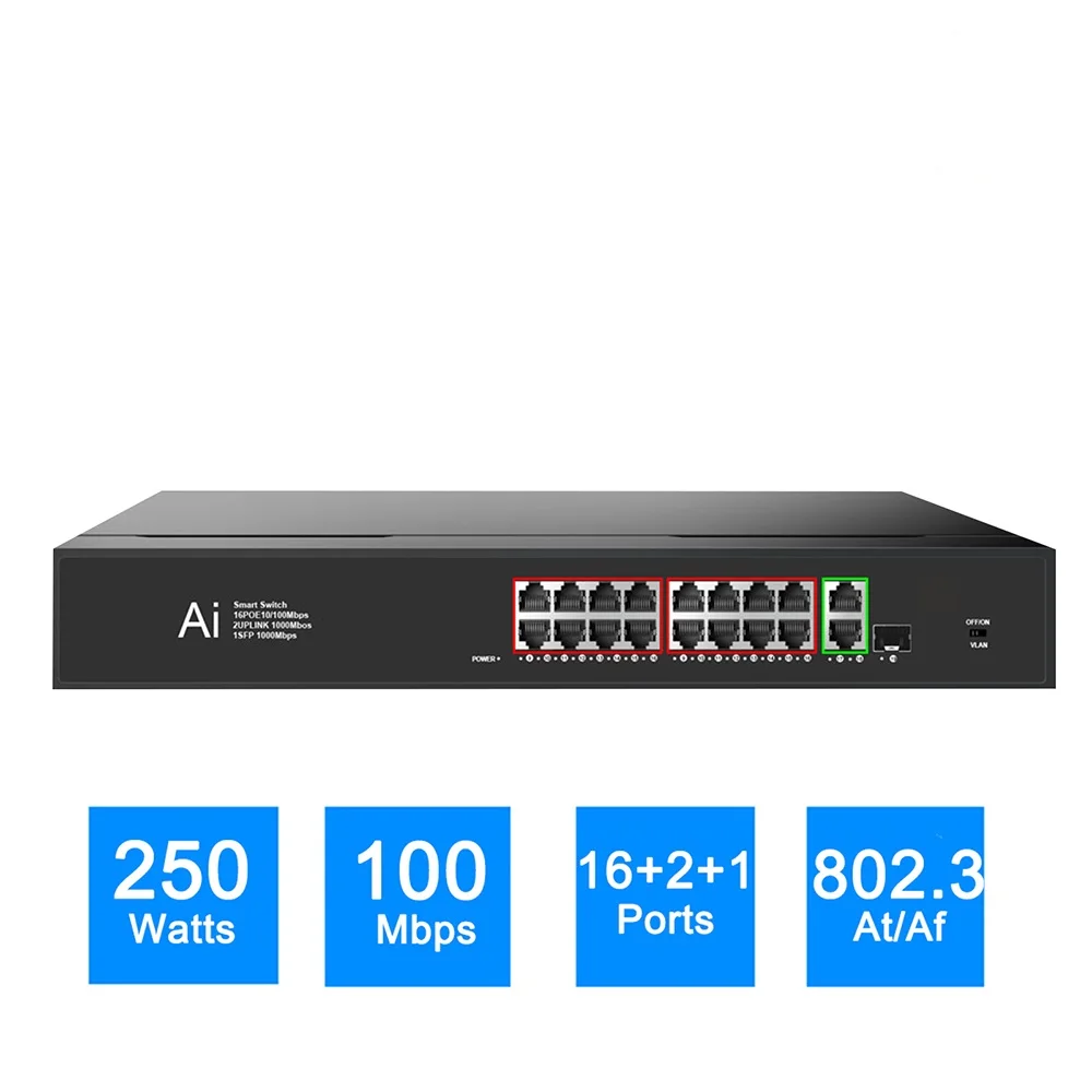 

POE Switch 16 POE 2 Uplink 1 SFP 100/1000Mbps 19 Ports Ethernet Switch LAN RJ45 Hub Smart Network Switcher 250W for IP Camera