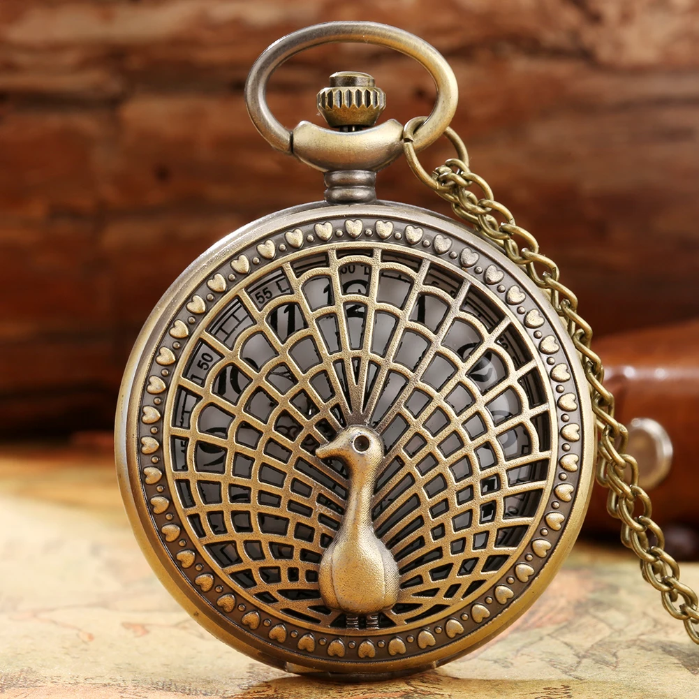 Retro Bronze Ancient Hollow Peacock Opening Screen Design Quartz Pocket Watch Necklace Steampunk Specialty of China Collections