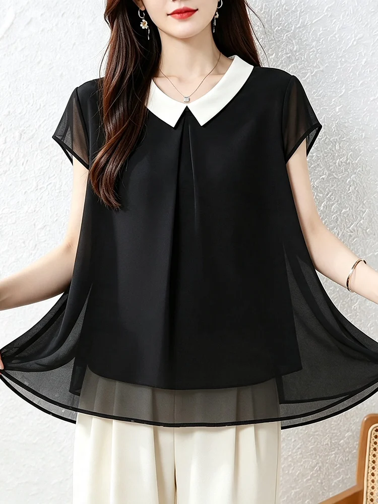 Black White Contrast Color Chiffon Shirt Summer 2026 Loose Fitting Short Sleeve Baby Doll Collar Belly Covering Stylish Top