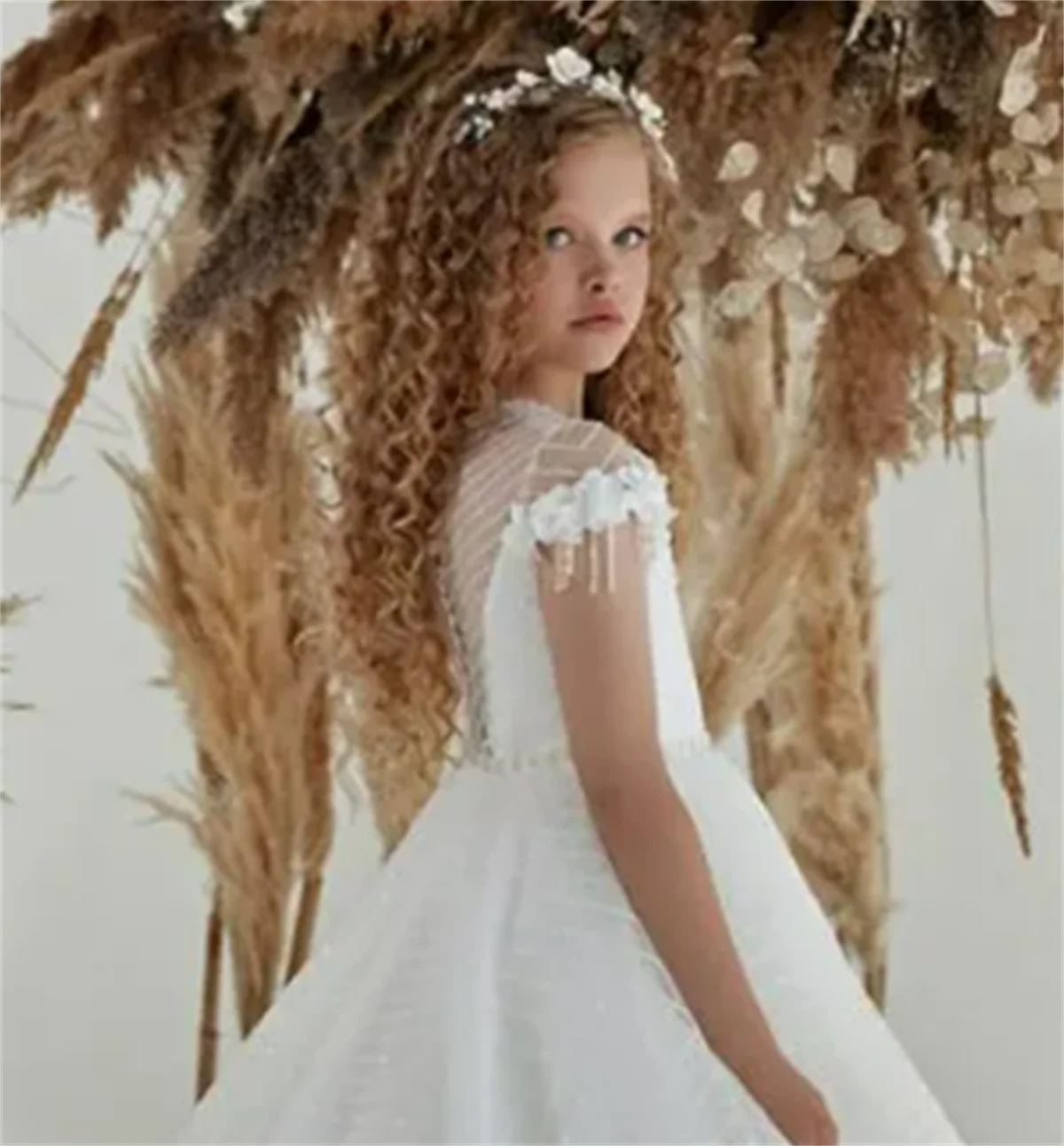 Vestido de flores para niña, vestido blanco esponjoso, encaje brillante, borla, apliques de flores encantadoras, fiesta de graduación