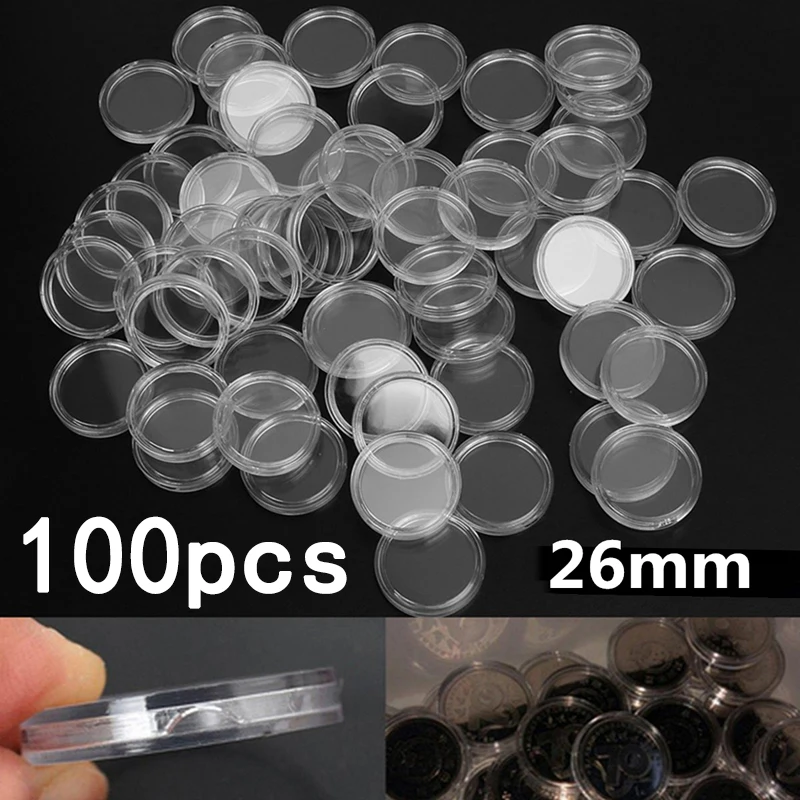 100 Stuks Munthouder Capsules Opslag Doorzichtige Ronde Vitrines Voor Munt Sieraden Bescherming Container Decoratie 26Mm Plastic