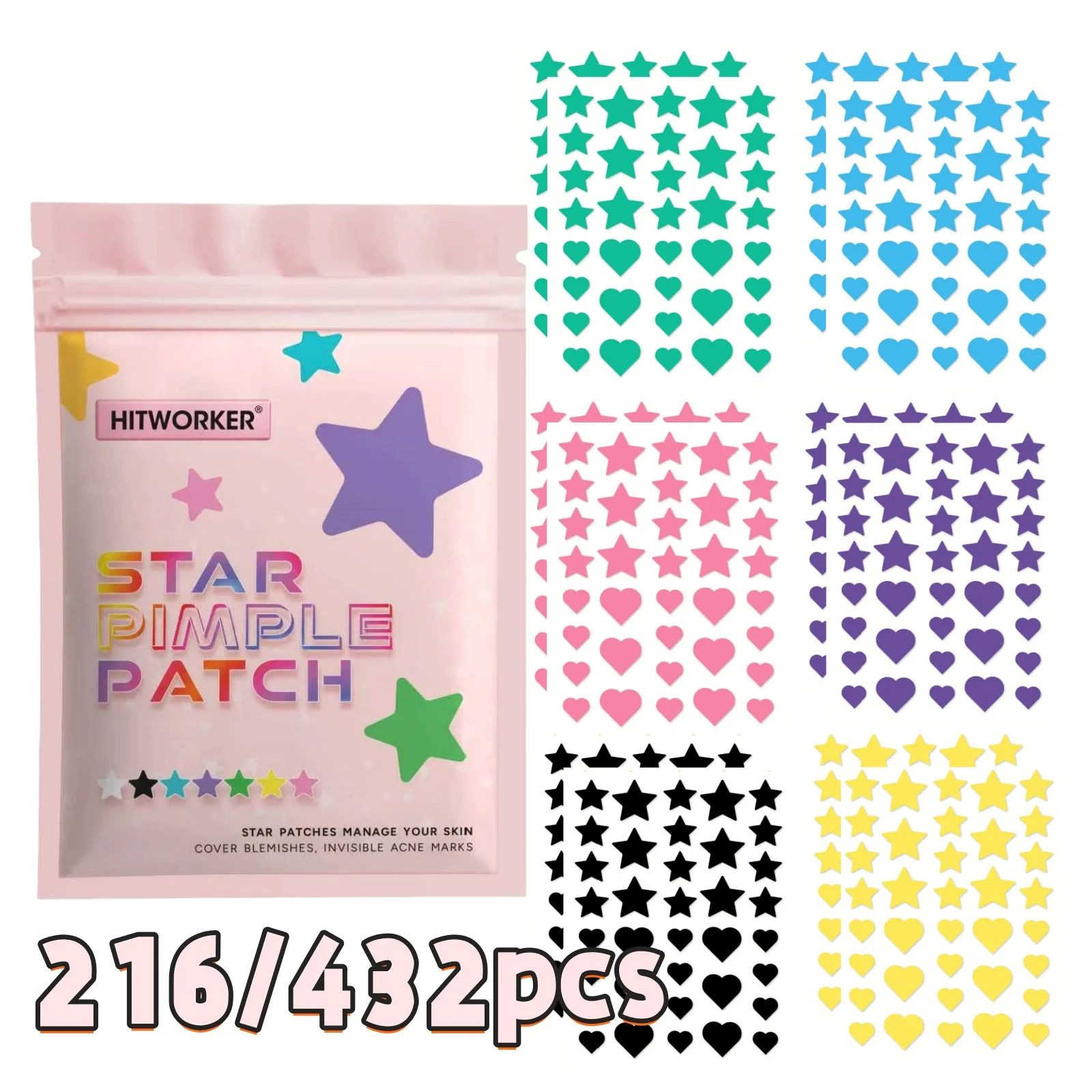 216/432pcs Hydrocolloid Acne Patches with Tea Tree Oil, Star Shape Pimple Stickers for Face, Covers for Daily Use, Fast Healing