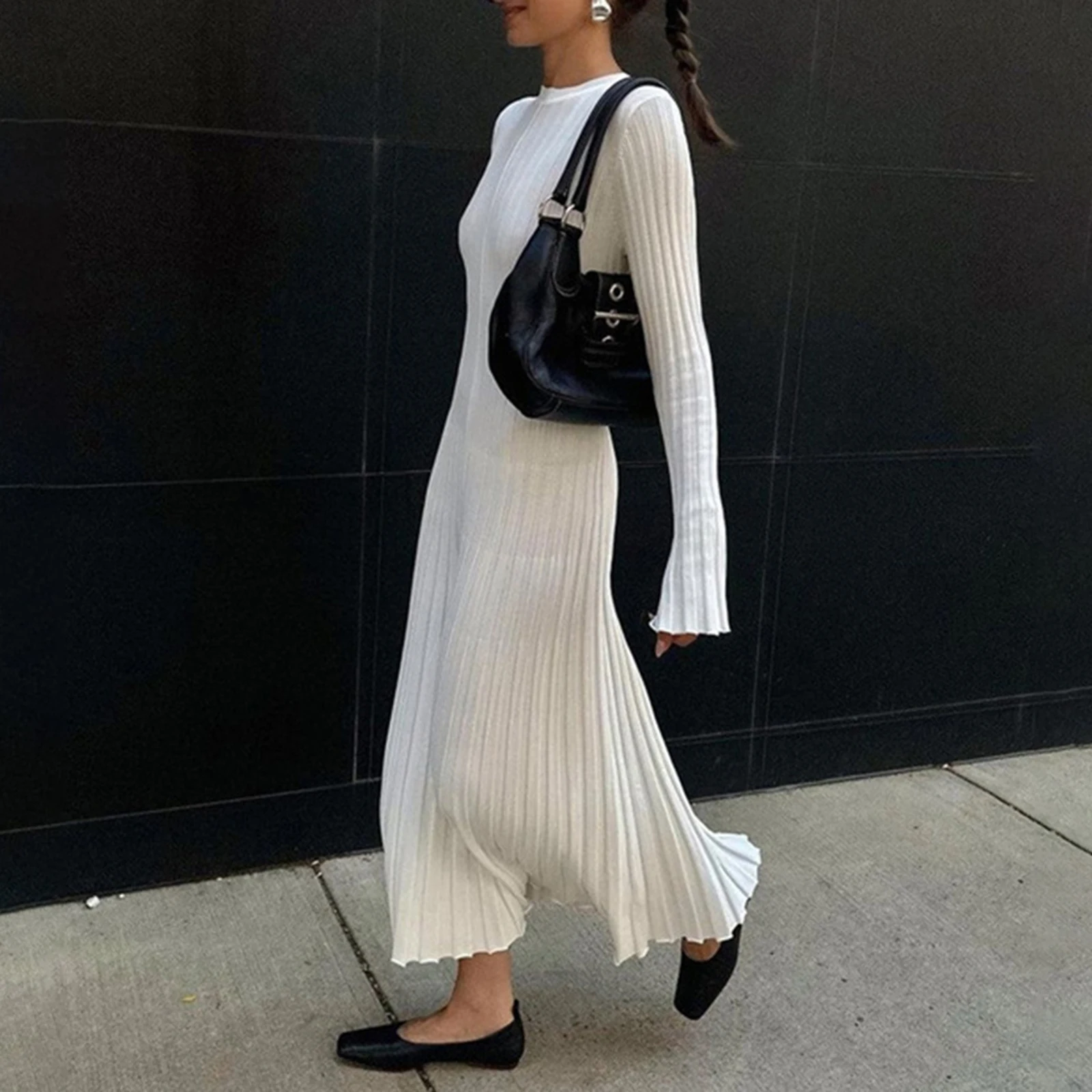 2024 Elegant Women Knit Dress Fashion Long Sleeve Crew Neck Ribbed Solid Fall Long Dress Streetwear Vestidos