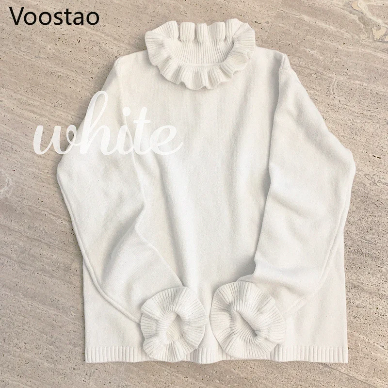 Kawaii Girl Chic Ruffles Collar Lolita Sweater Women Japanese Sweet Cute Knitted Pullovers Solid All-Match Knitwear Tops Jumper