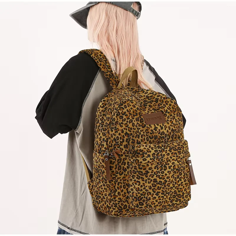 Retro Leopard Print Nylon Backpack Europe And America Large-capacity Student Commuter Backpack Lightweight Travel Storage Bag