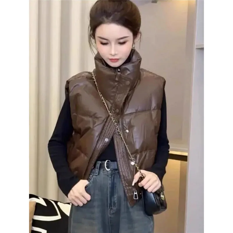 2024 New Disposable PU Leather Vest Coat Women Autumn Winter Loose Sleeveless Jacket Short Stand Collar Waistcoat Thick Top Lady