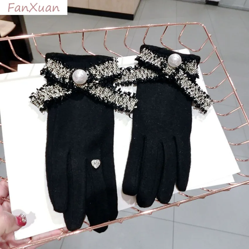 黒、グレー、ピンクの冬用手袋、女性用、暖かい、屋外用、豪華な裏地、タッチスクリーン対応、エレガントな蝶結びの手袋、女性用