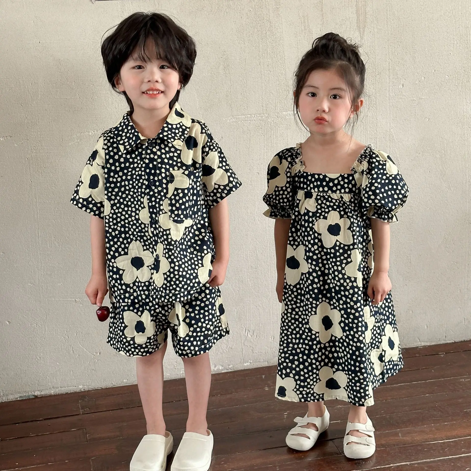 Brother Sister Clothes 2024 Summer New Girls Dresses Flower Print Shirts+Shorts 2Pcs Children Clothes Sets Holiday Boys Outfits