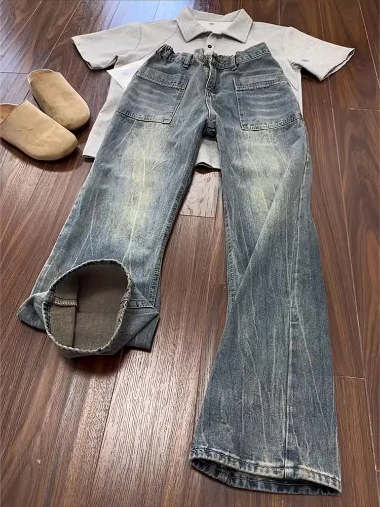 

Мужские прямые широкие джинсы с рисунком молнии в стиле ретро, рабочая одежда из смеси хлопка и полиэстера