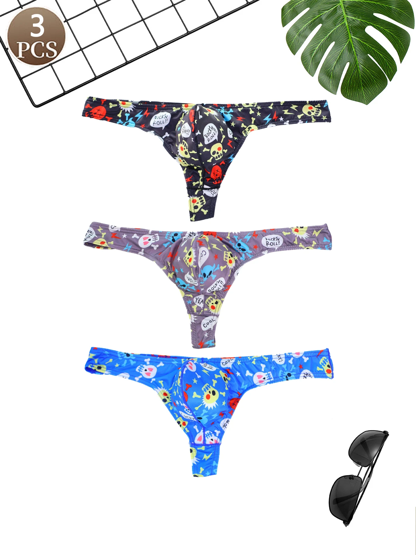 3 قطعة ثونغ الرجال المألوف الجمجمة طباعة منخفضة الخصر مثير الرجال ملابس داخلية رياضية غير رسمية مريحة وناعمة الرجال سيور